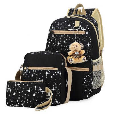 3 Stuk Student Mode Schooltas Vrouwelijke Koreaanse Canvas Afdrukken Grote Capaciteit Rugzak Outdoor Reizen Multifunctionele All-Match: Black