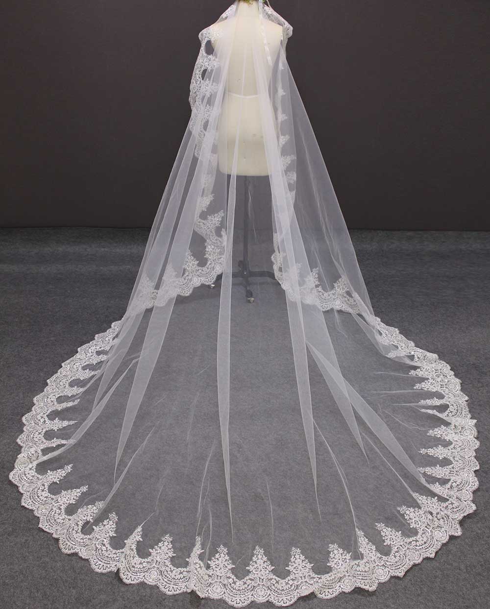 Sparkling Sequin Kant Bruiloft Sluier Zonder Kam Cover Gezicht 3 Meter Mantilla Bruidssluier Kathedraal Lange Bruid Accessoires