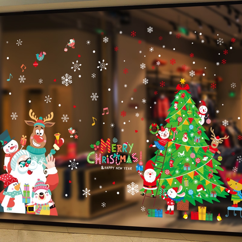 Father Christmas Window Stickers DIY Tree Snowflakes Wall Decals for Living Room Shop Glass Year Decoration