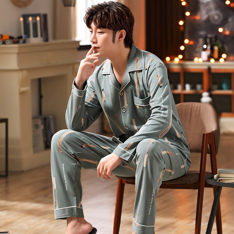 Inverno Homens primavera Outono 100% Algodão Conjuntos de Pijamas do Sono Top & Calças de Pijama Masculino Roupas Casuais Casa Sleepwear
