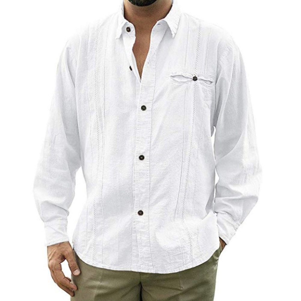 Sommar herr plus size 3xl skjortor män casual enfärgad långärmad nedfälld krage knapp skjortan i bomull linne: Vit / Xl
