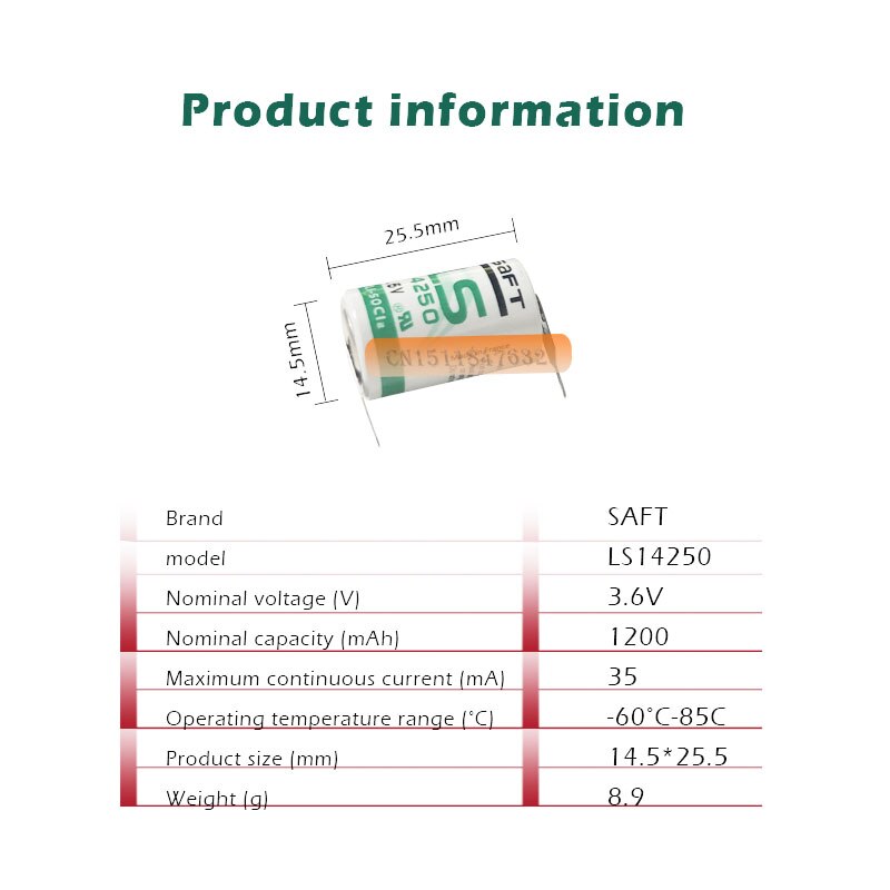 SAFT-batería de litio con pines, pila de 14250 mAh, AA, 1/2AA, 1/2 V, PLC, Original, LS 3,6 LS14250 1250, 10 unids/lote,