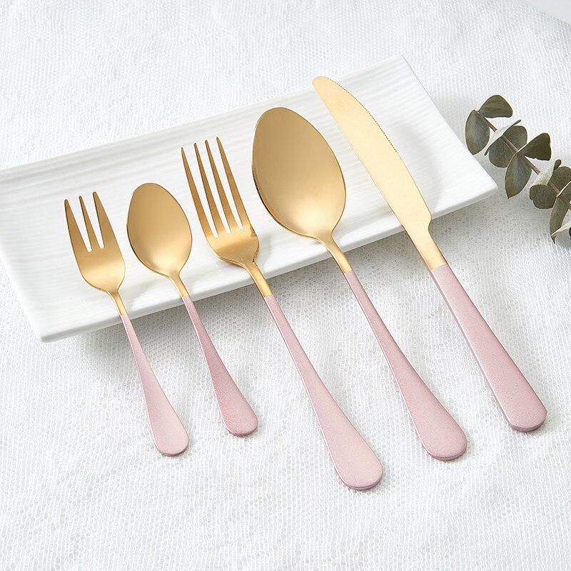 Guld bordservice gyldent bestik sæt rustfrit stål gafler knive skeer sort spisestel sæt gaffel ske kniv sæt: Pink guld 5 stk