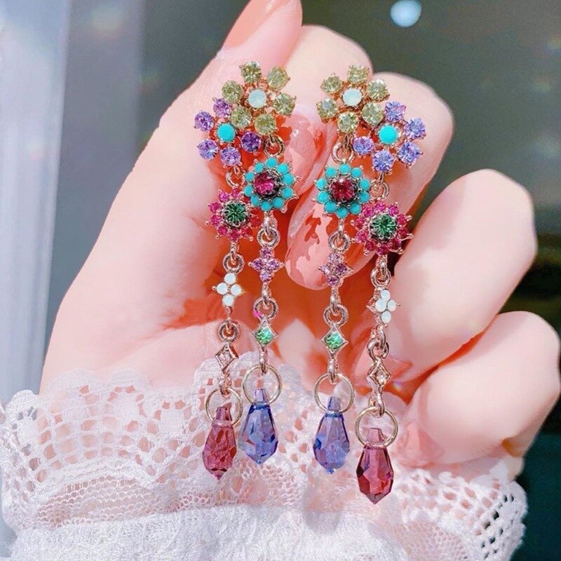 Korean Shiny Crystal Colorful Flower Earrings For Women Party Dangle Pendientes Jewelry