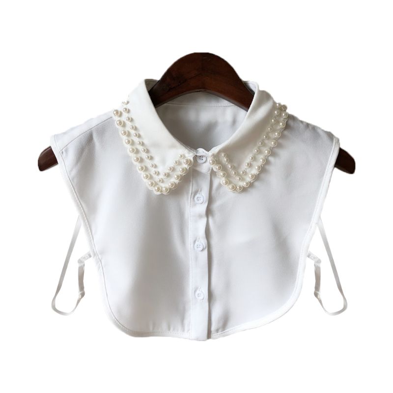 Frauen Neue Perle Chiffon Kragen Hemd Gefälschte Kragen Krawatte Jahrgang Abnehmbare Kragen Falsche Kragen Revers Bluse oben Zubehör: Weiß
