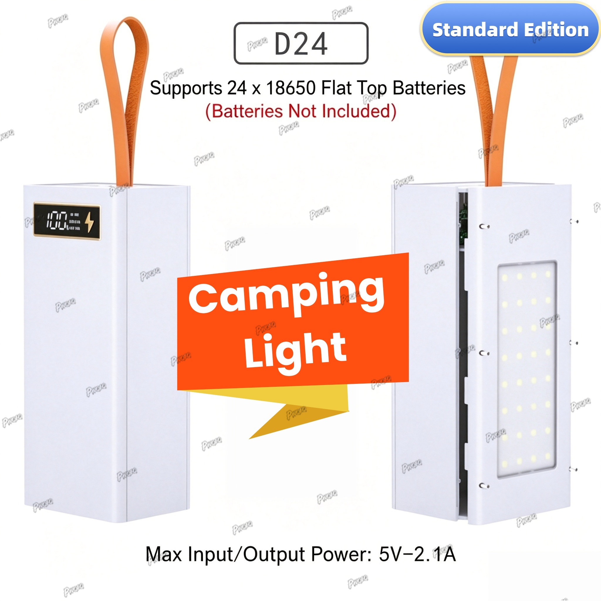 24*18650 Batterij Powerbank Behuizingen DIY Mobiele Powerbank Case met Draadloos Opladen en Campinglamp Afneembaar, Loodvrij: Blauw
