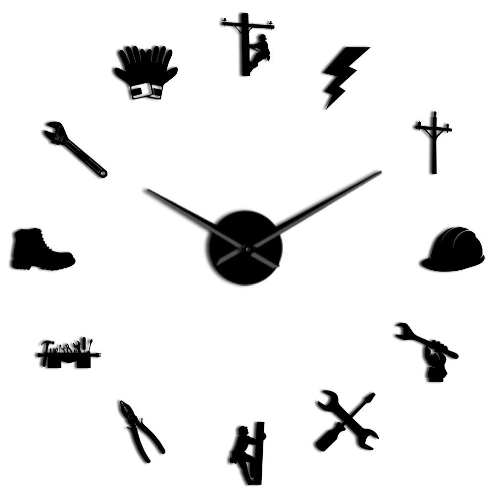 Elektriker Werkzeug Linienrichter Stumm 3D DIY Wanduhr Elektrische Reparatur Acryl Spiegel Oberfläche Zauberstab Dekor Uhr Uhr Für Linienrichter: Schwarz / 37Zoll