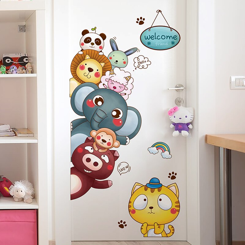 [shijuekongjian] cartoon dieren muurstickers diy deursticker voor kinderkamers, babykamer, babykamer, huisdecoratie accessoires