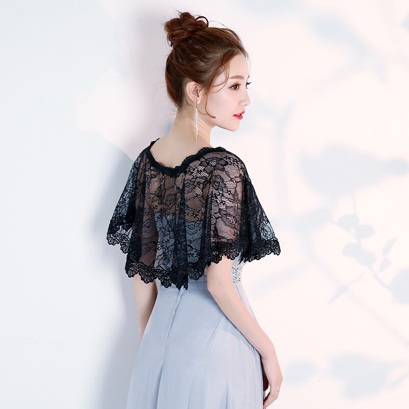 Women Dress Long Party Prom Wrap Scoop Neck Lace Appliqued Wedding Party: black