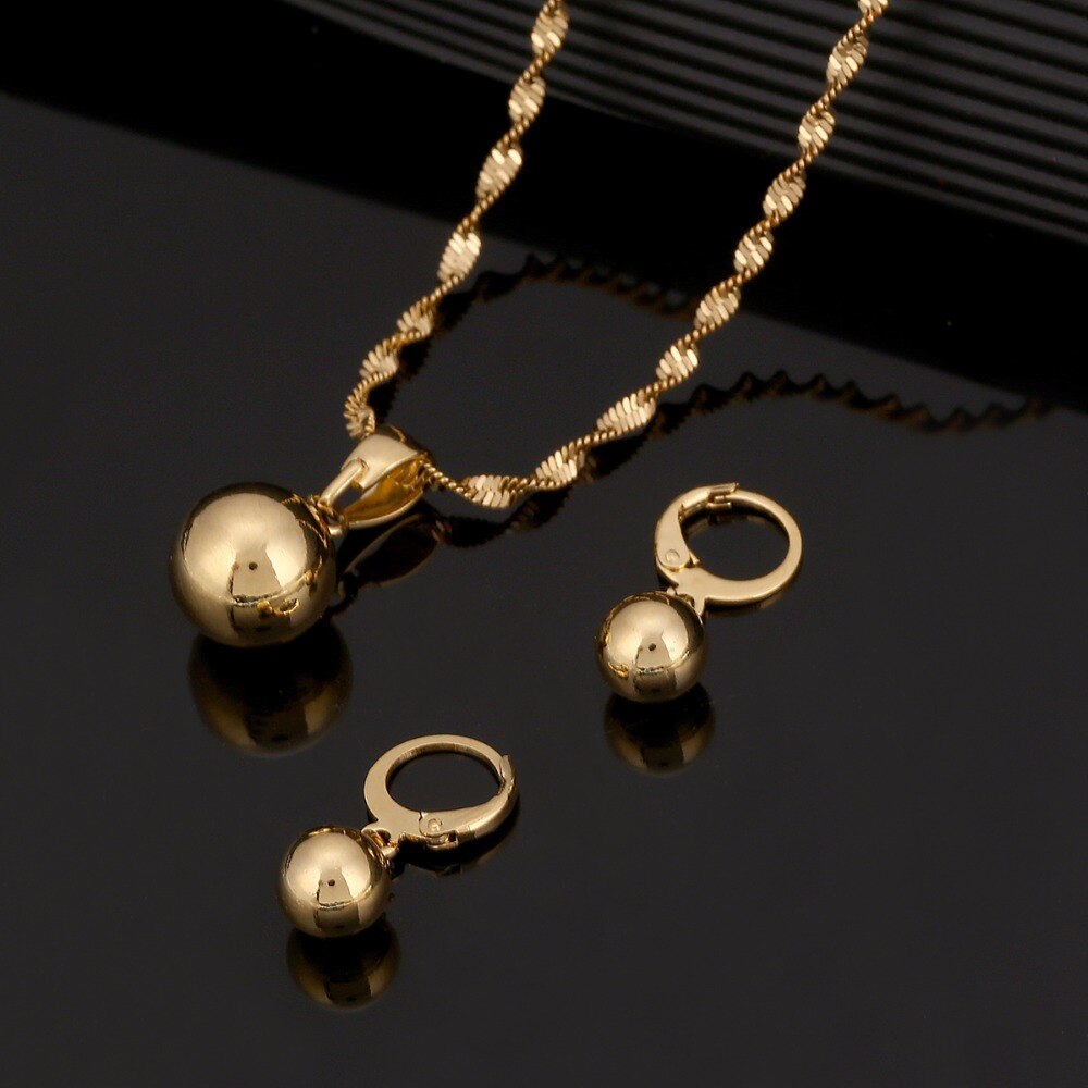 Gold Color Plain Bead Jewelry Round Pendant Chain Necklace Ball Earrings Pendant Women Jewelry Set