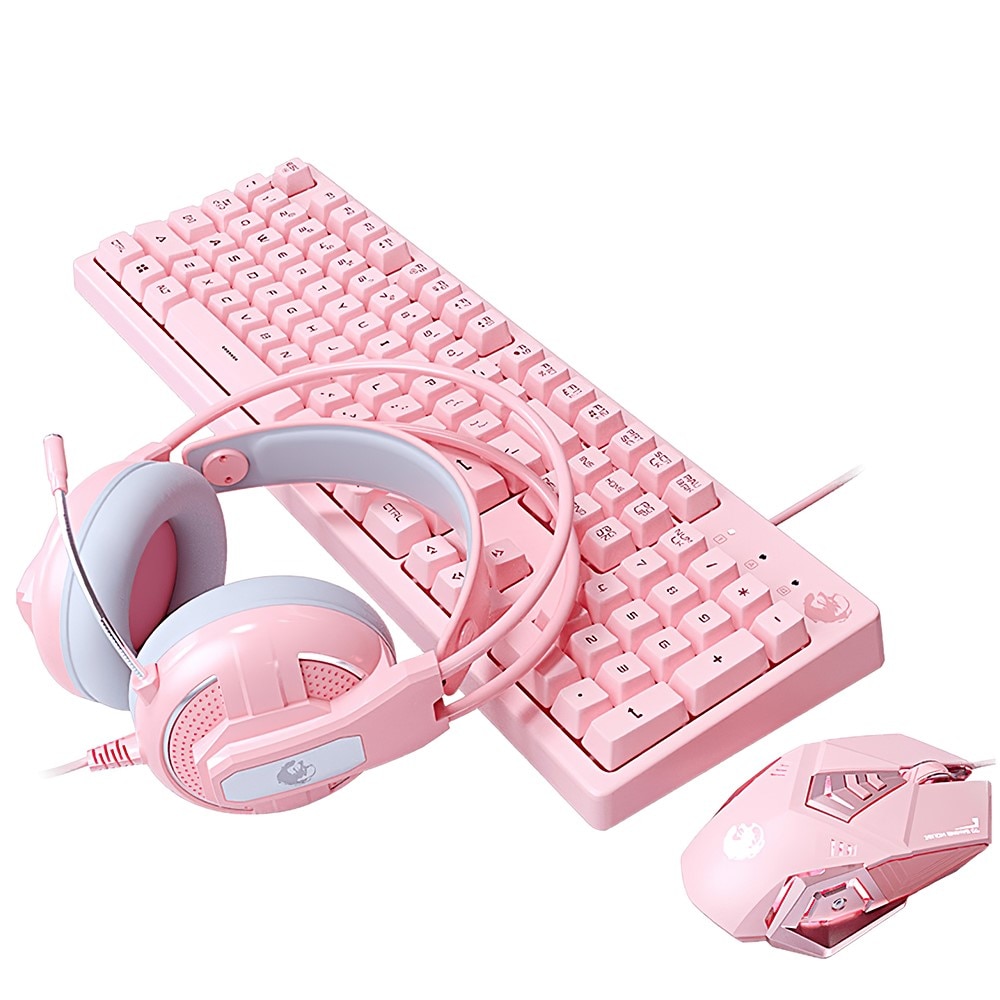 Mouse Keyboard Kit Mechanical Gaming Keyboard Wired Mouse Headphone with Microphone Breathing Light for PC Computer Laptop Pink