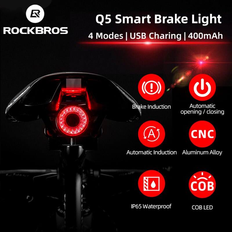 ROCKBROS-luz trasera inteligente para bicicleta, con sensor de freno, resistente al agua IPx6, Q5
