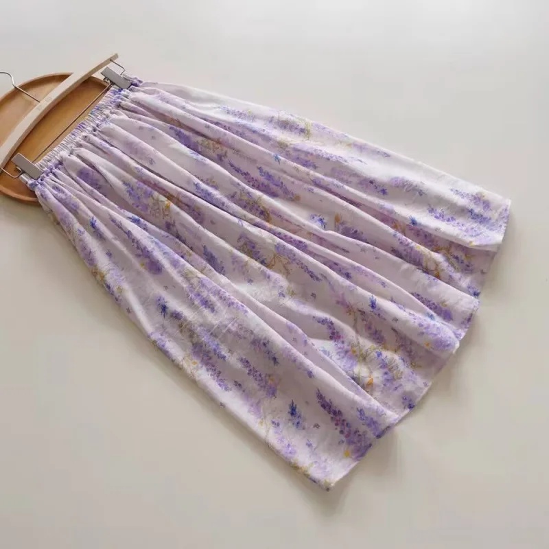 Spring Summer Light Purple Wisteria Half Skirt Women's Midi Floral A- Line Skirt Fresh Cotton Linen Plant Floral Pattern: XL