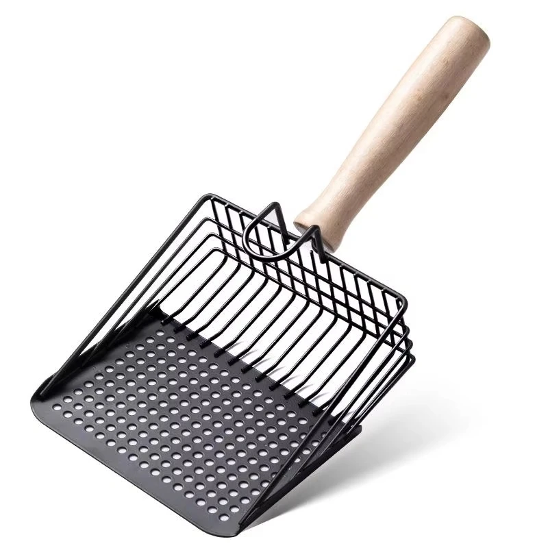Kattegrusske med ergonomisk håndtag og krog holdbar metal finmasket sigteskovl til rengøring af katteaffald til kattebakken: Lysegrå
