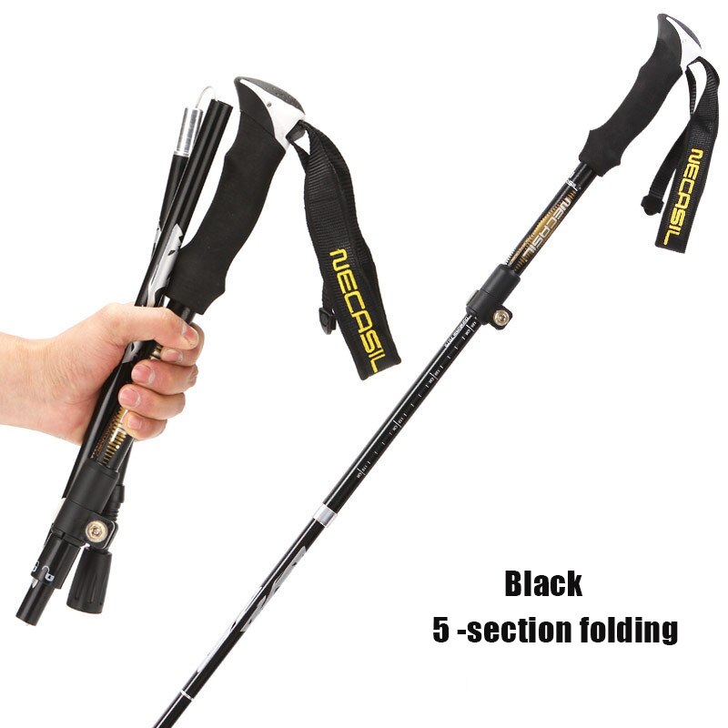 Fem seksjon foldestav 7075 aluminiumslegering stål rett grephåndtak turstang trekking stang turstokk: Svart