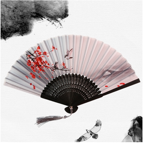 Abanico plegable de mano de seda con estampado de estilo japonés chino tradicional, borla de mango de madera, de boda , decoración del hogar: Azul oscuro