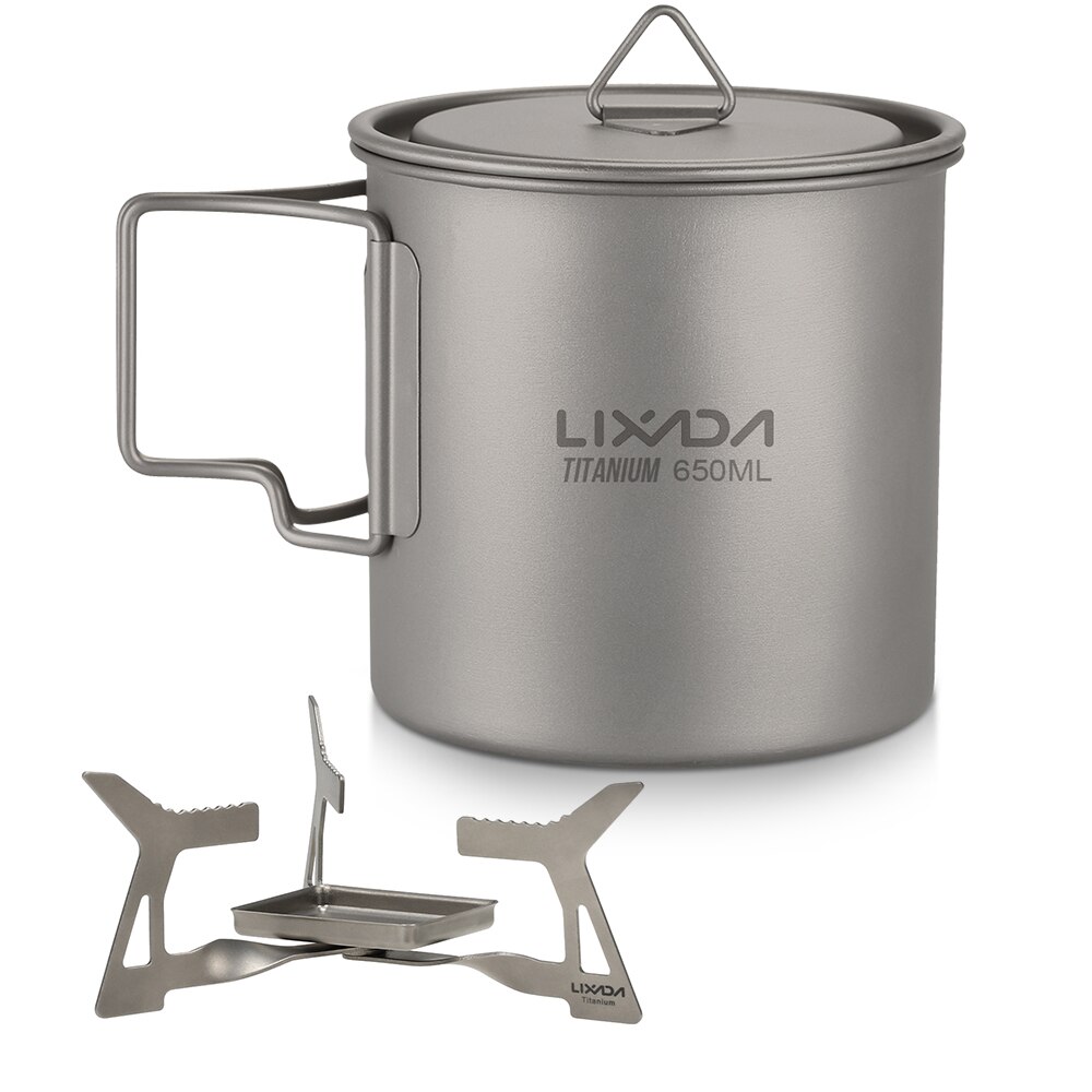 Lixada extérieur 4 pièces Camping titane batterie de cuisine ensemble 550ml tasse à eau tasse pliant solidifié alcool poêle Spork cuillère pare-brise: 650ml with stove