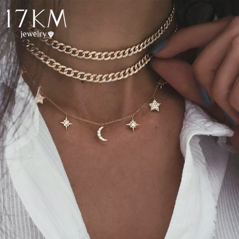 17KM Beads lock Necklace For Women Gold Color Bohemian Stars Pendants Necklaces Female Bijoux Jewelry