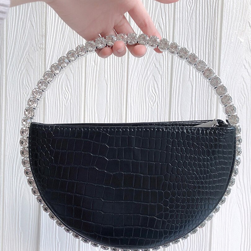 Rhinestone Circular Handle Evening Bag Women Diamonds Round Red Clutch Purse Ladies Chic Handbag Party: Black