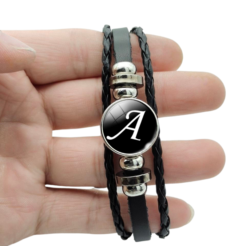 Pulsera de cuero con hebilla de cristal de 26 letras A-Z, nombre de identificación, amistad, pulsera tejida negra ajustable para niños y niñas como familiar