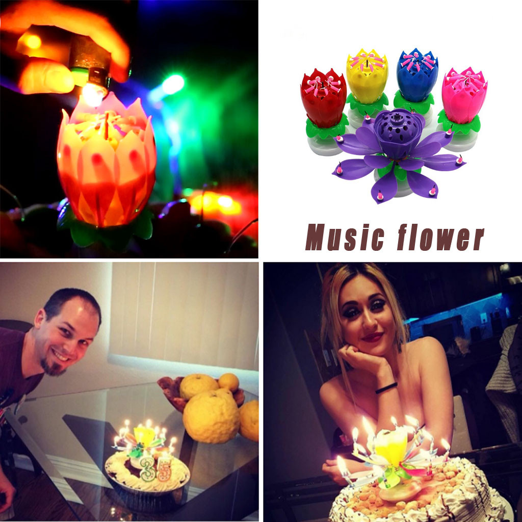 Double Lotus Music Candle Double Flower Blossom Birthday Cake Flat Rotating Electronic Rotating Lotus Candle for Kids Party