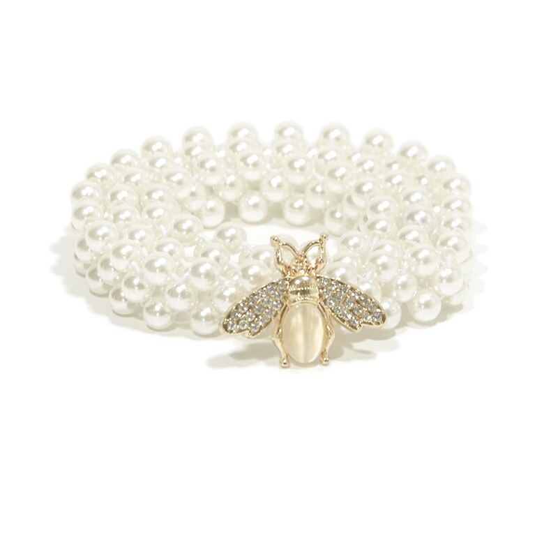Ceinture à boucle en perles, cigogne abeille étoile de mer, élégante, élastique pour femmes, sangle en cristal: BEE Golden buckle