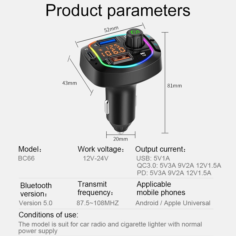 JaJaBor Bluetooth 5.0 Car Kit Handsfree Wireless FM Transmitter Dual Screen Display Car MP3 Player with PD18W QC3.0 Quick Charge