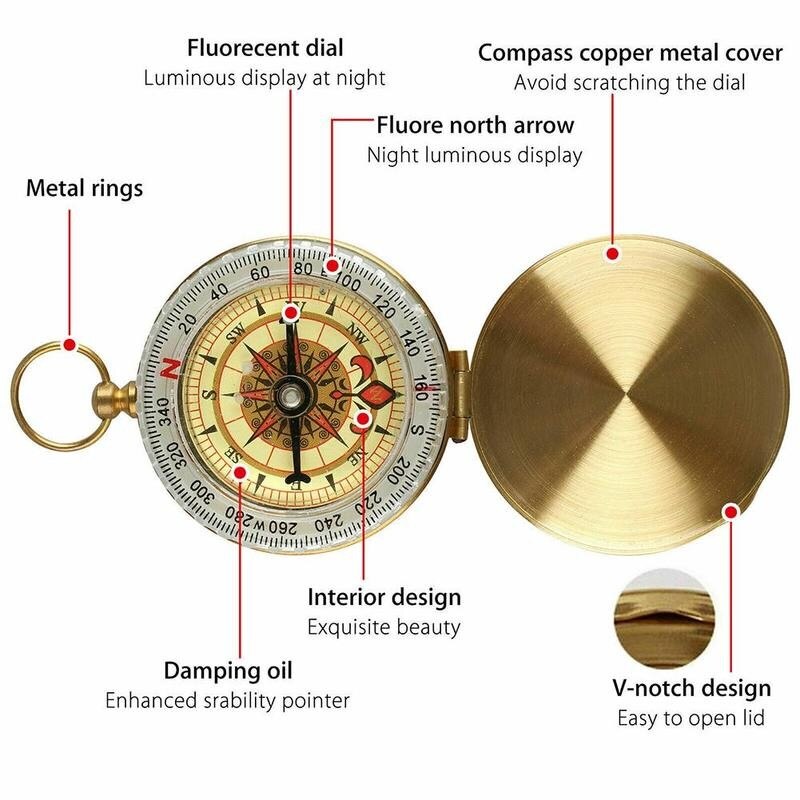 luminous Outdoor Camping Hiking Portable Pocket Brass Gold Color Copper Compass Navigation with Noctilucence Display