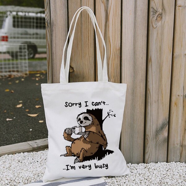 Women Cartoon Sloth Print Shopping Bag Tote Eco Handbag Tumblr Graphic Students College Style Simple Casual Shoulder Bags