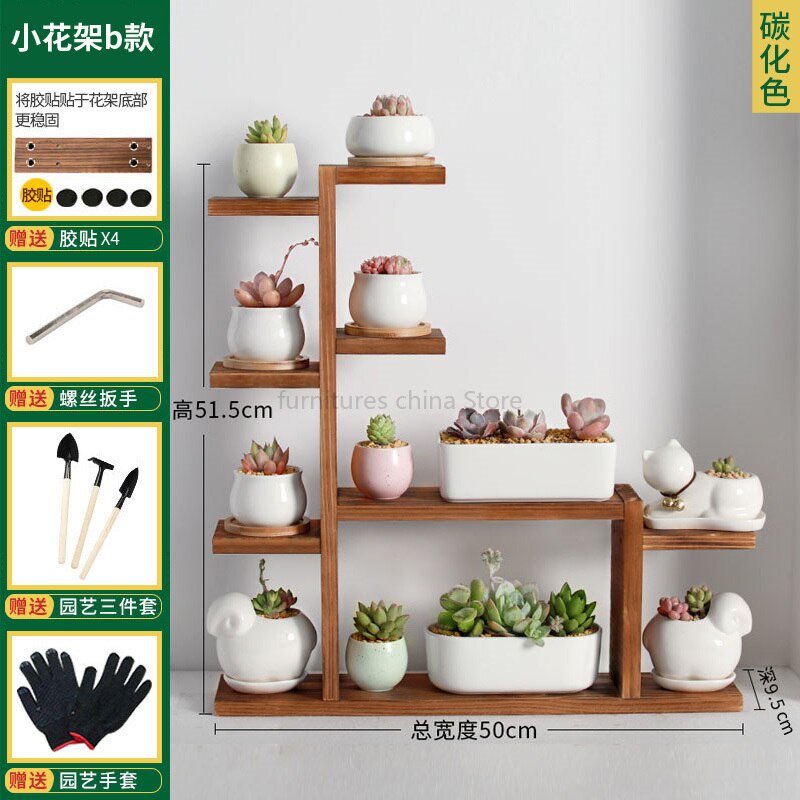 Multi-layer Solid Wood Desktop Flower Stand Indoor Small Flower Stand Green Flower Frame Decoration Living Room Window Pot Rack: F