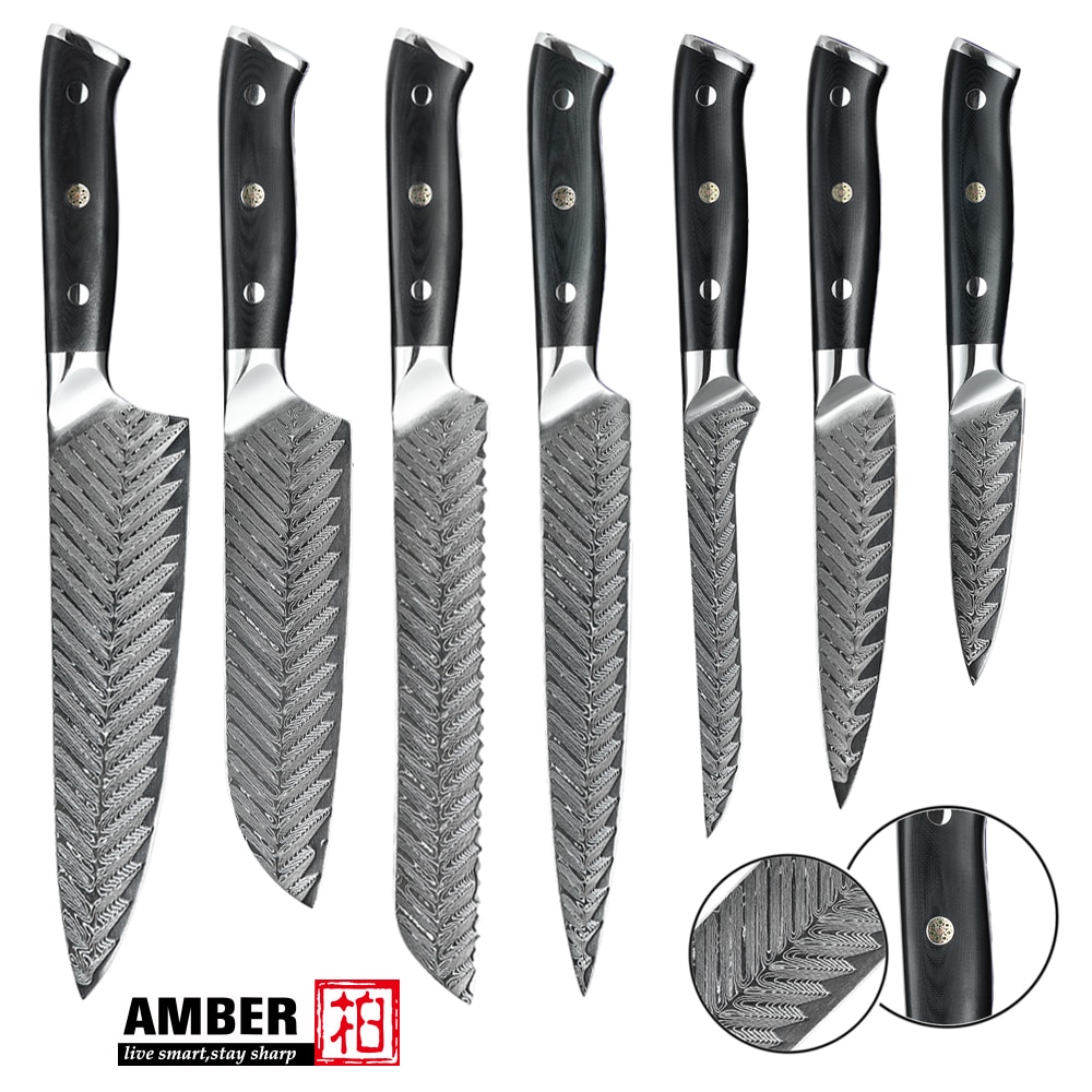 AMBER AUS-10 Black G10 Handle Ladder Pattern Damascus Knife 67 layers Damascus Steel 8 inch Kitchen Chef Knife