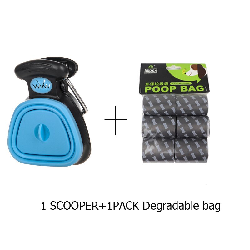 Dog Pet Shovel Travel Foldable Poop Collector with 1 Roll Decomposable Bags Poop Scoop Clean Pick Up Excreta Cleaner Pet Product: blue with bags / L