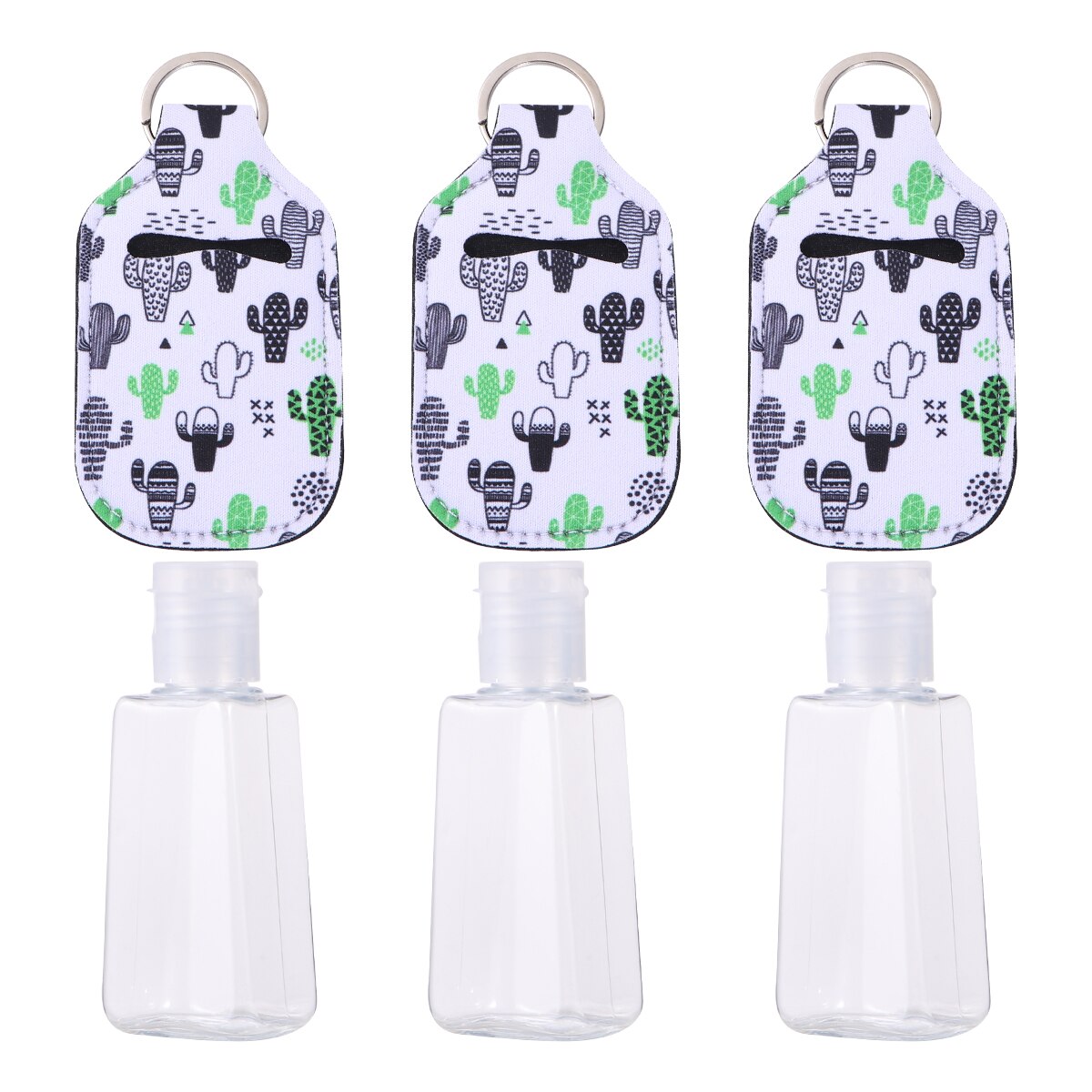Juego de 3 botellas de 30ml de tamaño de viaje y llavero con impresiones de Cactus, botellas desinfectantes para manos con llavero portadores para jabón Loti