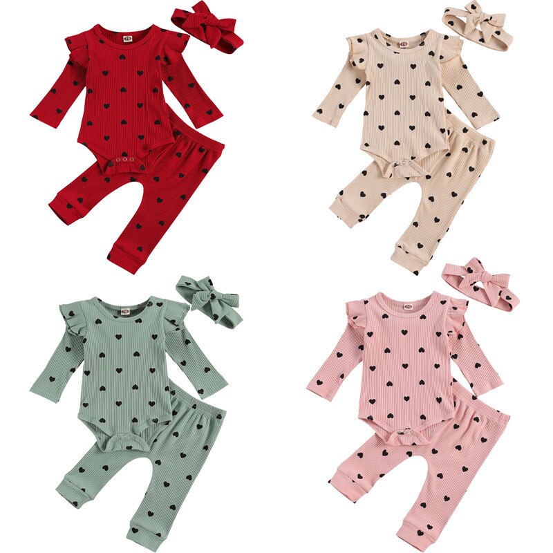Mise au point 0-24M -né bébé filles garçons vêtements ensembles 3 pièces coeur imprimé volants à manches longues barboteuse pantalons hauts bandeau