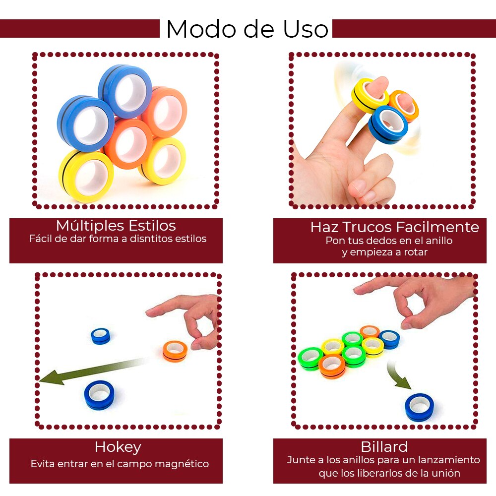 Juguetes de Anillos Magnéticos (6 Unidades). Aros Giratorios con Imán para Aliviar el Estrés, TDAH. Apto para Niños y Adultos.