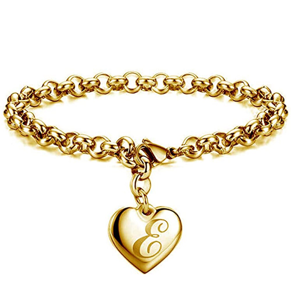 Bracelet avec lettres de l'alphabet en acier inoxydable, 26 lettres, breloque initiale, couleur or, pour femmes et filles, pour enfants
