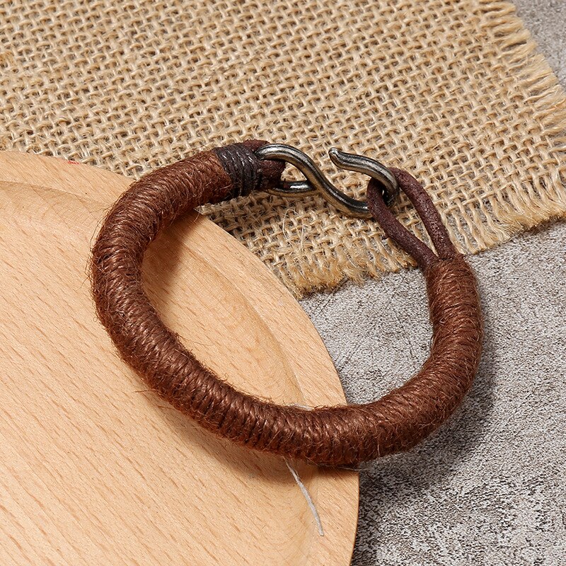 Handmade Leather Bracelet Men Braided Hook Connect Wrap Wristband Trendy Jewelry