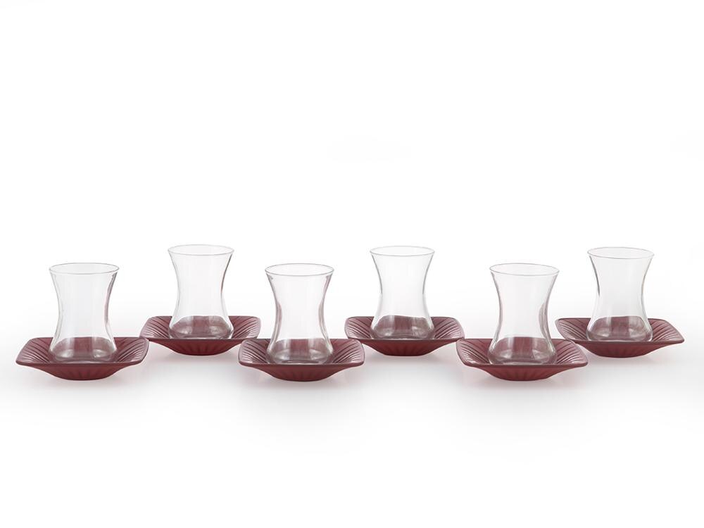 Lorna Glass 12 Piece Tea Set 6 Tea Glasses 6 Tea Glasses Saucer 100 Ml claret red Turkish traditional tea glass