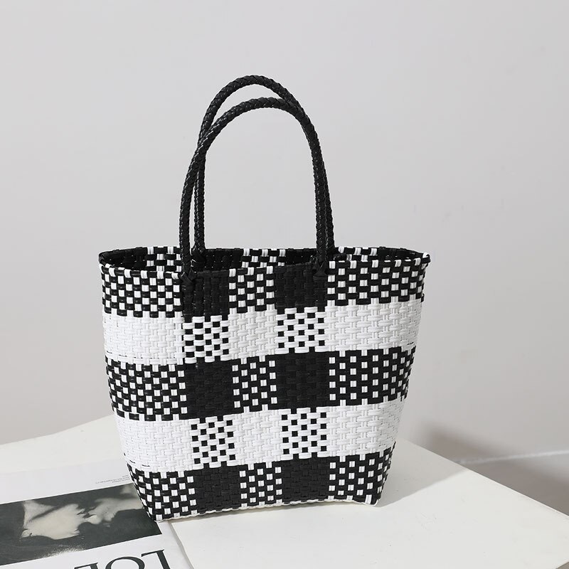 Bolso de Plástico portátil tejido a mano para mujer, bolsa cuadrada de gran capacidad que combina con todo, ideal para compras, ocio, cesta de verduras, novedad: black white 2