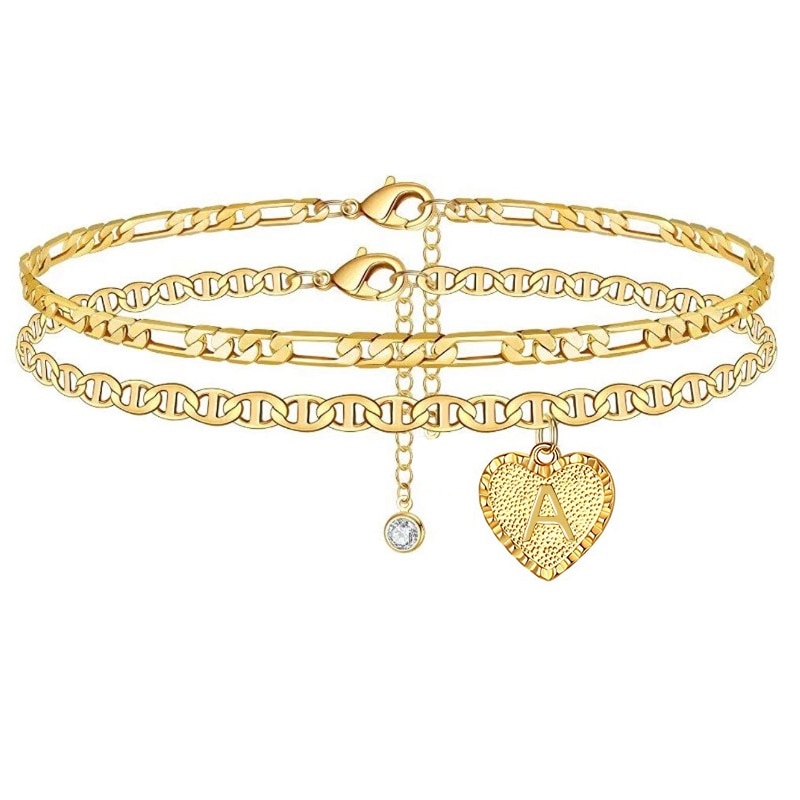 Bracelet de cheville avec initiales en forme de cœur pour femme, bijoux en Zircon doré, accessoires de jambes pieds nus, de fête des mères