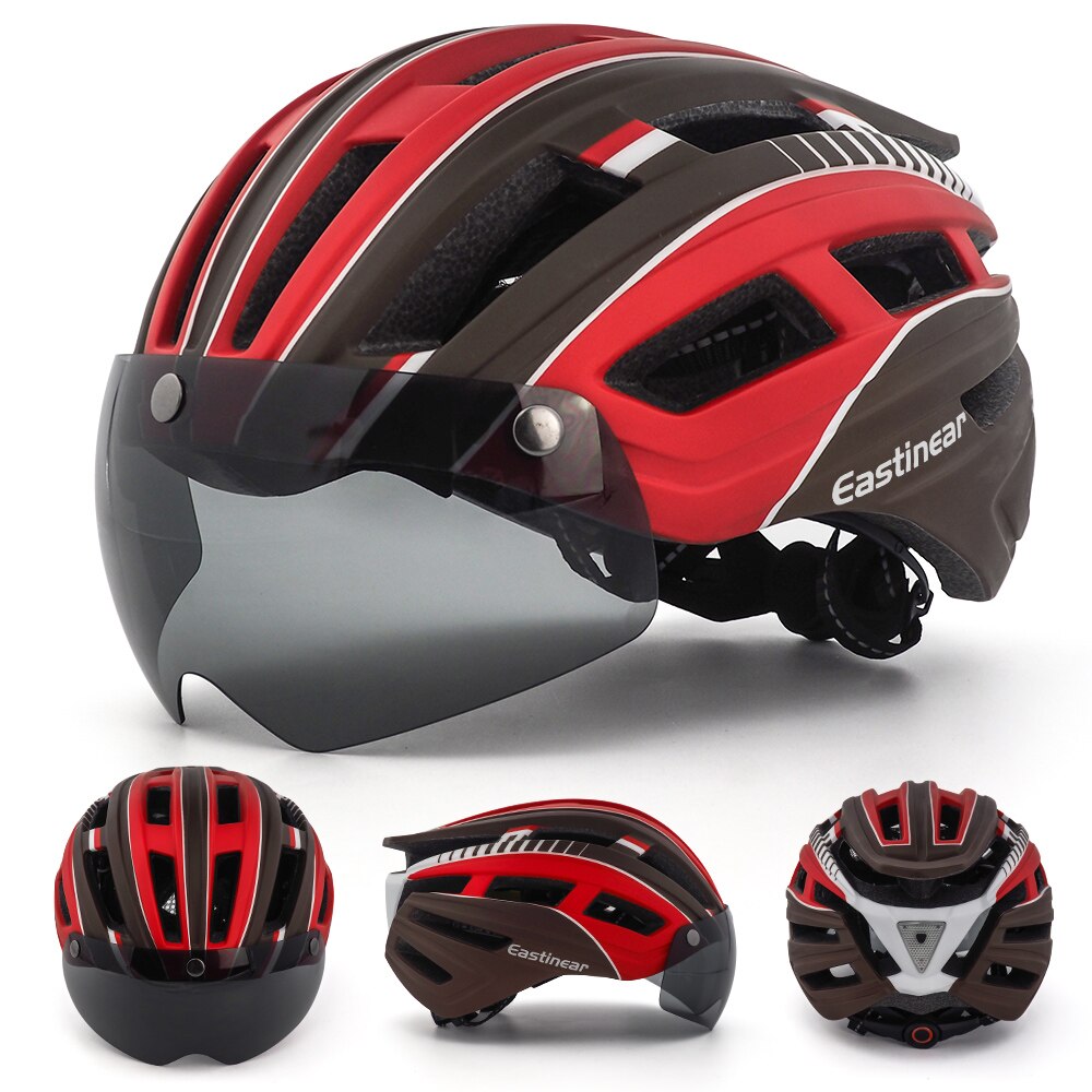 Fahrrad Helm Erwachsene Männer Frauen mit Magnetische Brille Sonnenblende Fahrrad Helm mit Hinten Led Licht Einstellbar für Rennrad radfahren: HT22-BrownRed
