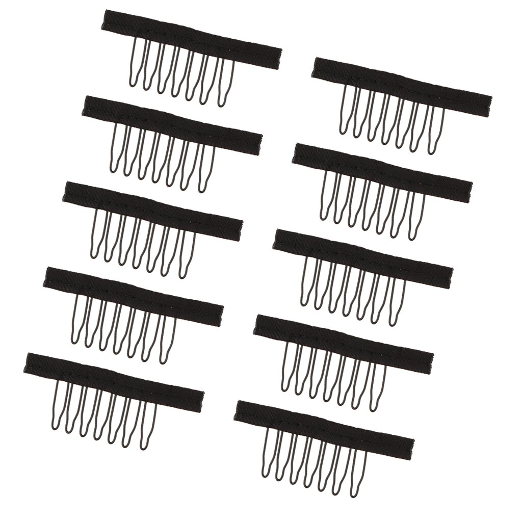 10 pz Nuovo 7 Denti Parrucca Pettini Denti in Acciaio Pettine per Tappi Parrucca Cuffia di Pizzo Nero Portatile in acciaio Inox e tessuto