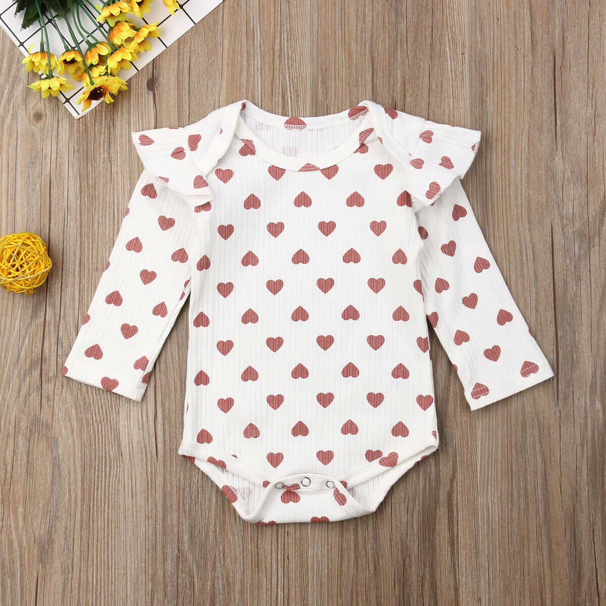 pudcoco Spring Autumn Clothing Newborn Kids Baby Girls Boy Ribbed Clothes Ruffle Hearts Jumpsuit Fly Long Sleeve Bodysuit Outfit: White / 3M