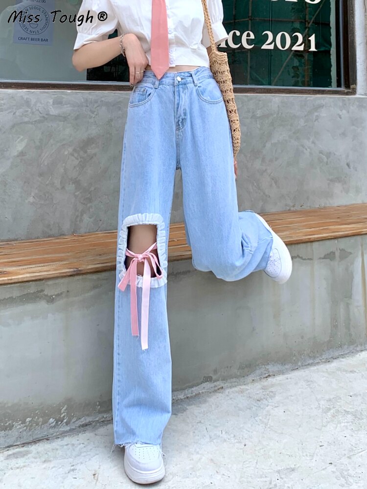 Blue Korean Style Kawaii Sweet Jeans Women Japanese High Waist Casual Cute Jeans Female Bow Bandage Wide-legged Pants Summer