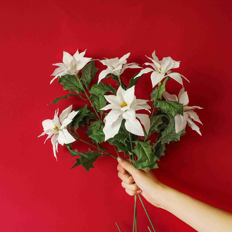 1 Branch 2 Heads Real Touch Cloth Christmas Flowers Artificial Christmas flowers Red Poinsettia vase photography props Ornaments