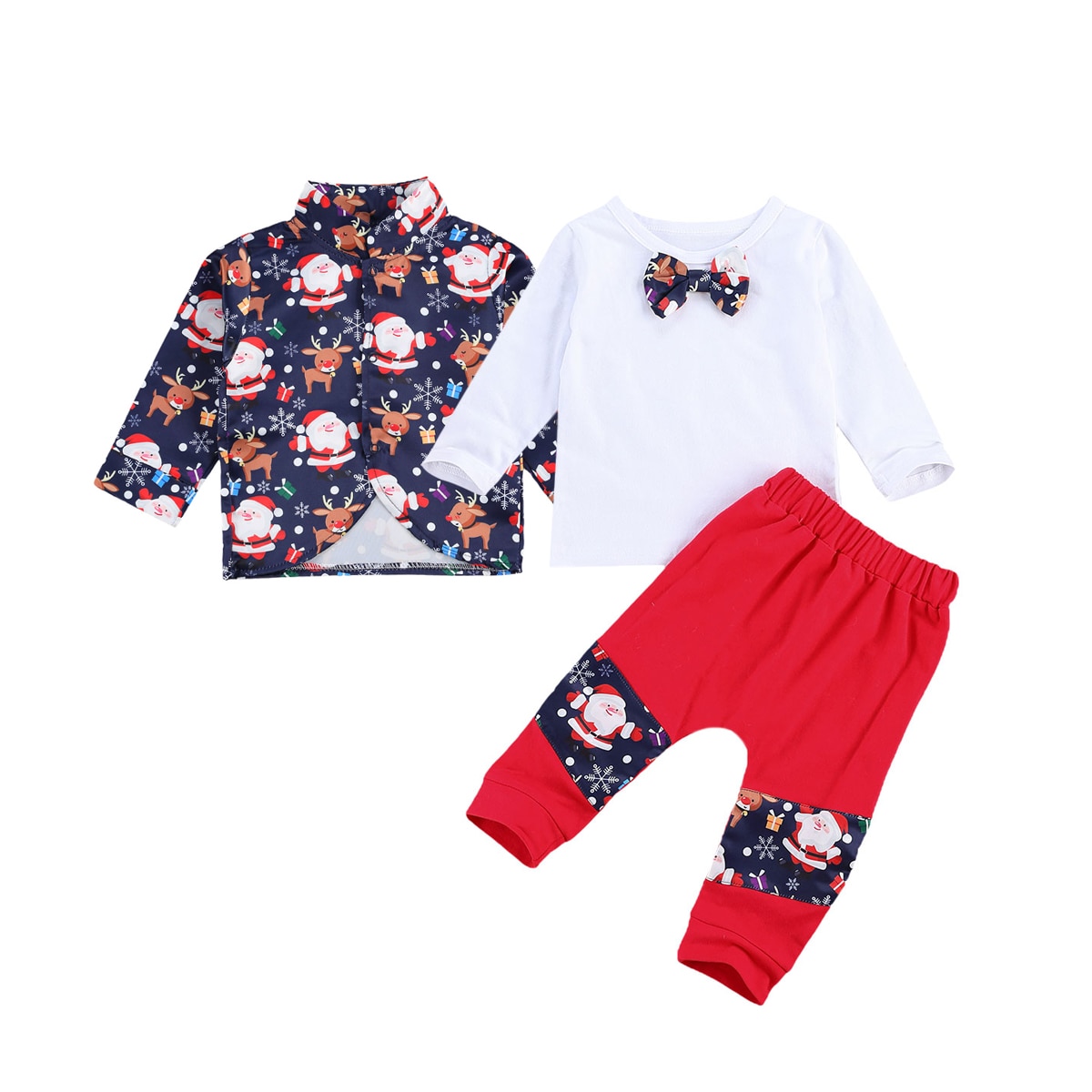 Baby Kds Baby Jongens Kerst Kleding Set Kerstman Elanden Print Jassen Lange Mouw Strik Overhemd Patchwork Broek 3 stuks Outfits