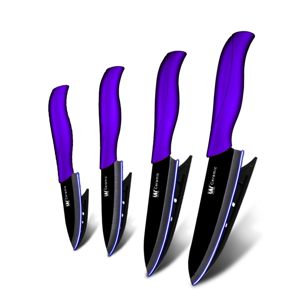cuchillo de cerámica de 3 4 5 6 pulgadas Juego de cuchillos de cocina + pelador Zirconia negra blanco hoja de cuchillo de Chef vegetariana herramienta de cocina: Purple H Black Blade