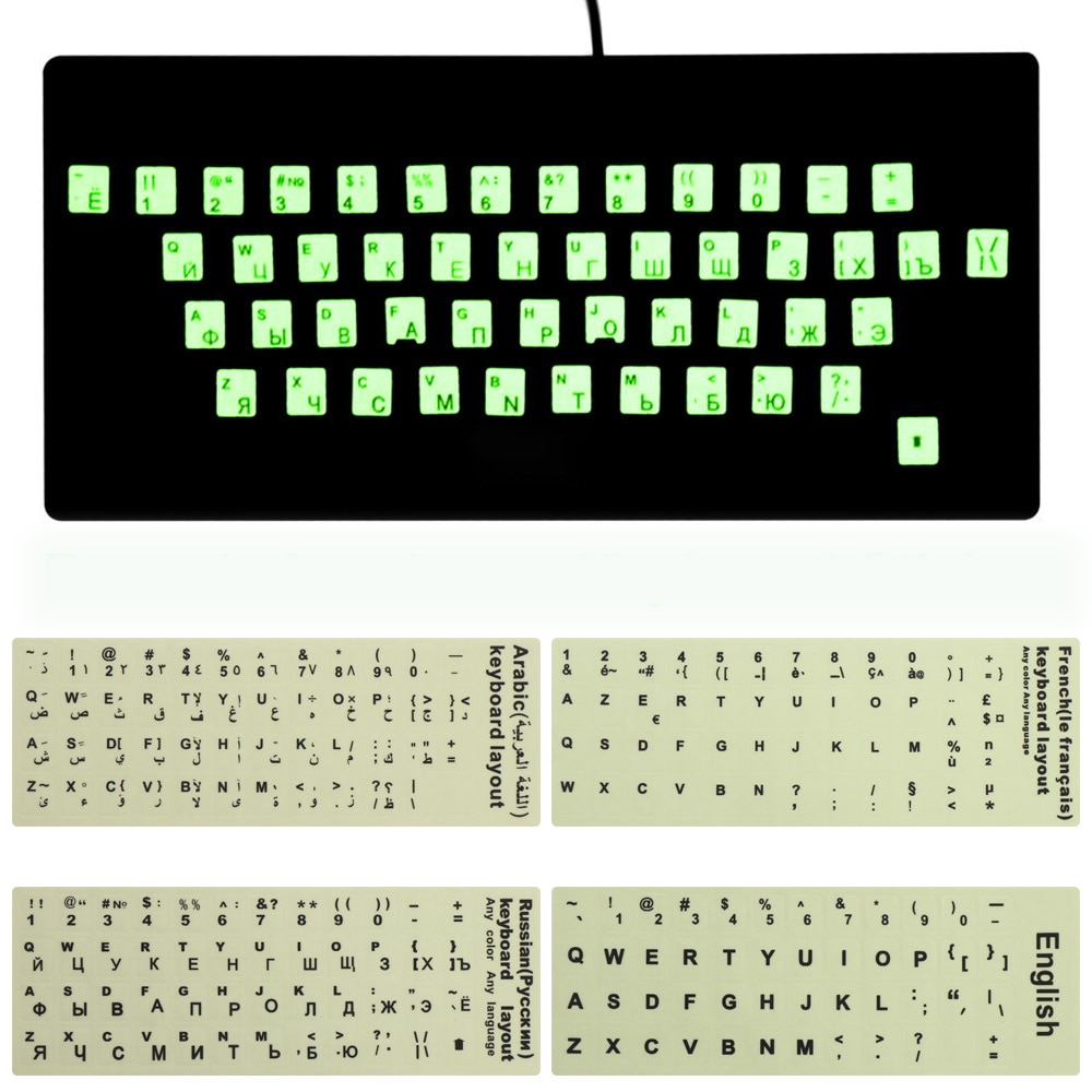 Luminous Alphabet Keyboard Button Stickers Spanish/English/Russian/Arabic/French Language Letter Protective Film For Laptop PC