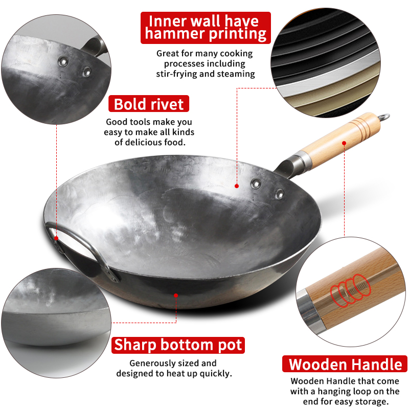 Iron Wok Traditional Handmade Iron Wok Non-stick Pan Non-coating Gas Cooker Cookware