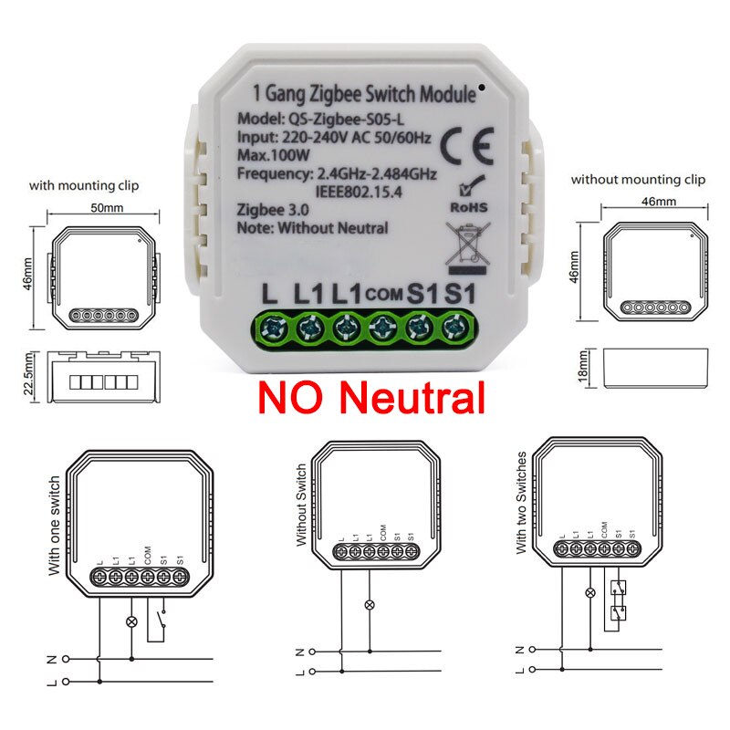 Tuya ZigBee 3.0 Smart Switch Module With/ No Neutral 2 Way Wireless Control Switch Relay Support Zigbee2MQTT Work with Alexa